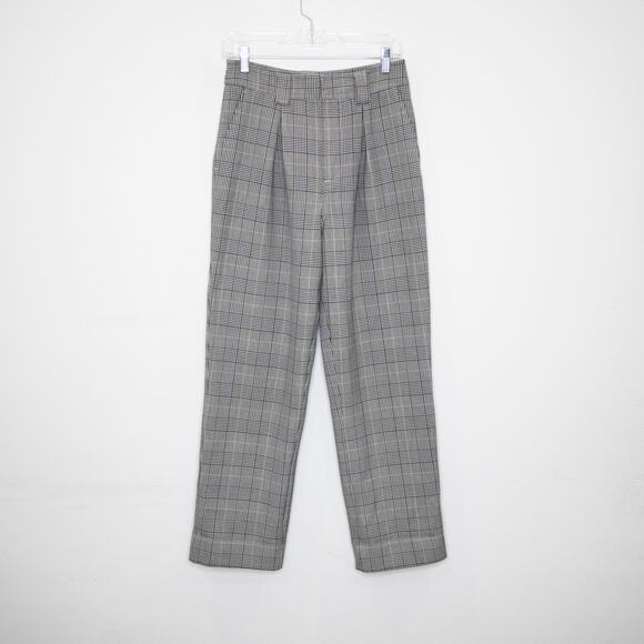 Ganni Price of Wales Check Tailored Trousers Black Grey Pleated High Waist SZ 4 - Picture 2 of 8